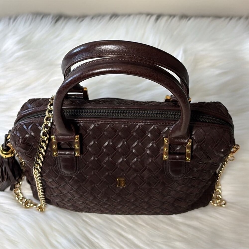BALLY Elegant Brown Woven Suede & Leather Satchel w/Gold HDW, Chain & Tassel EUC - Picture 6 of 12
